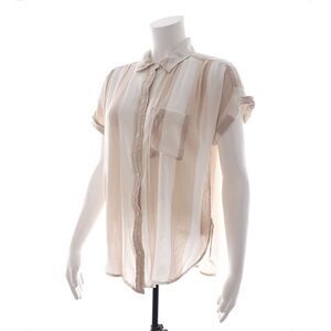 American Eagle Beige Striped Short Sleeve Button Up Shirt Womens Size Small